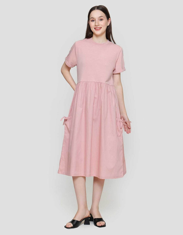 Nevada Woven Combination Knit Midi Dress Wanita