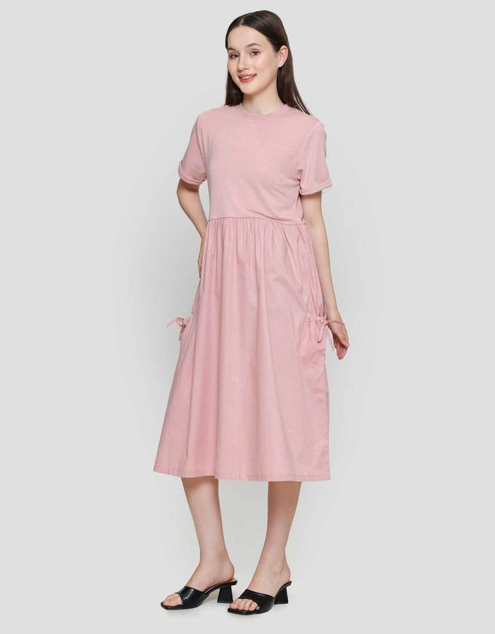 Nevada Woven Combination Knit Midi Dress Wanita