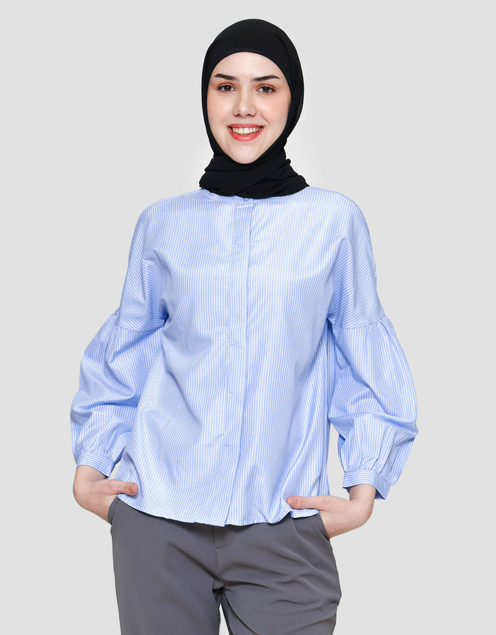 Annisa Buttoned Down Stripe With Puff Sleeve Blouse Wanita
