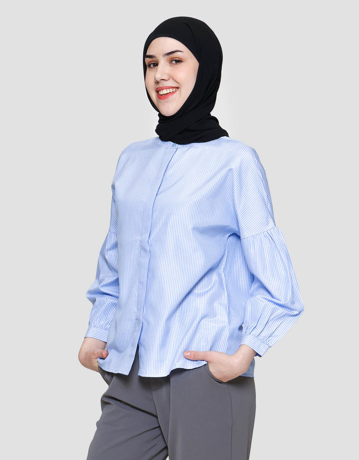 Annisa Buttoned Down Stripe With Puff Sleeve Blouse Wanita