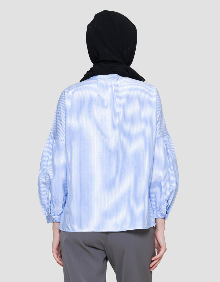 Annisa Buttoned Down Stripe With Puff Sleeve Blouse Wanita