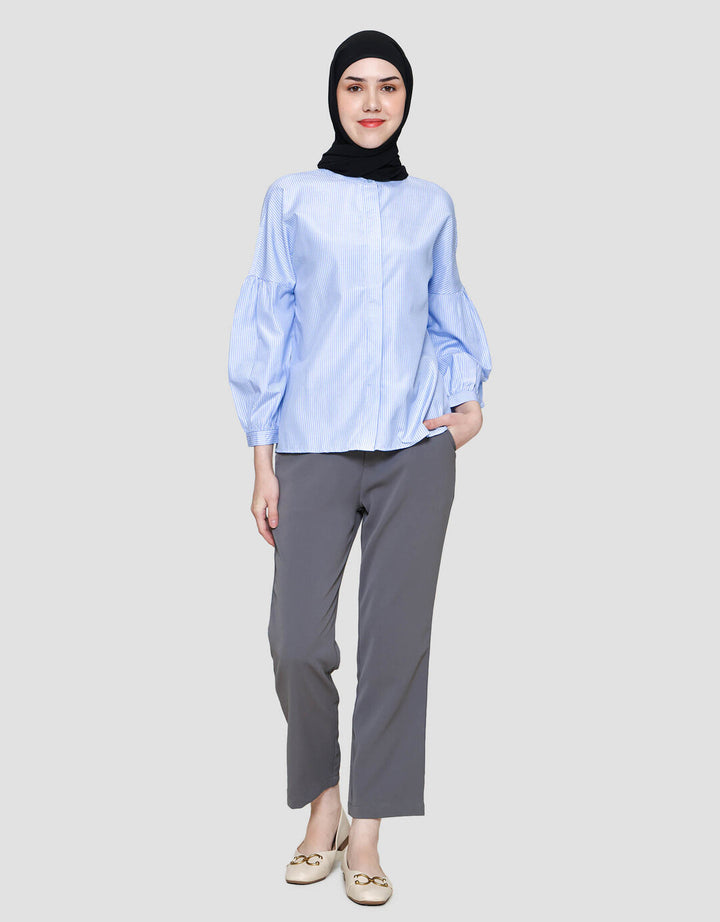 Annisa Buttoned Down Stripe With Puff Sleeve Blouse Wanita