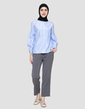 Annisa Buttoned Down Stripe With Puff Sleeve Blouse Wanita