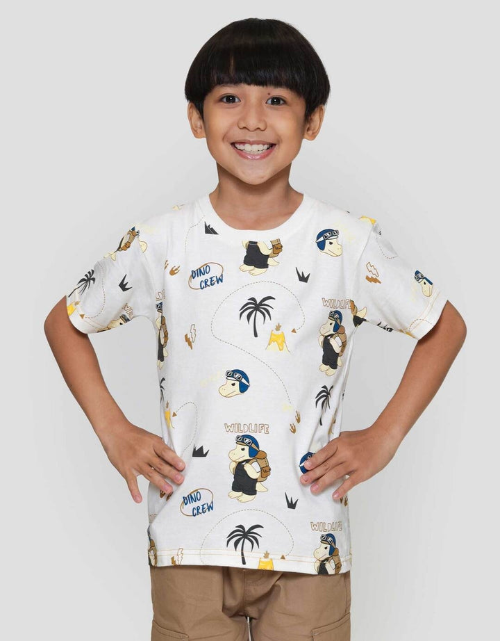 Little M F Print Dino Crew Kaos Anak Laki-laki