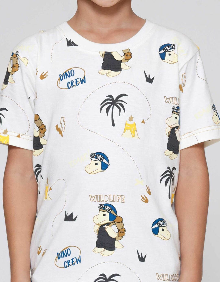 Little M F Print Dino Crew Kaos Anak Laki-laki