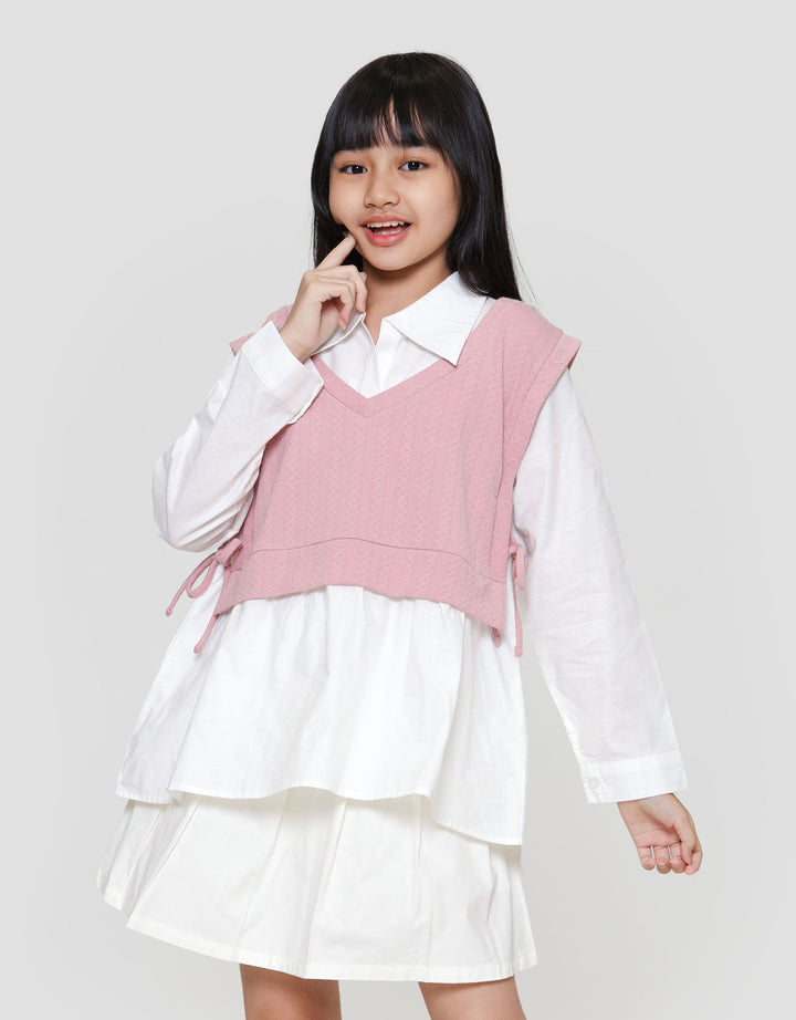 Nevada Kerah Kombinasi Tekstur 1 Pita Kemeja Anak Perempuan