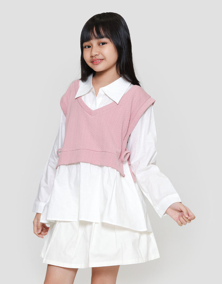 Nevada Kerah Kombinasi Tekstur 1 Pita Kemeja Anak Perempuan