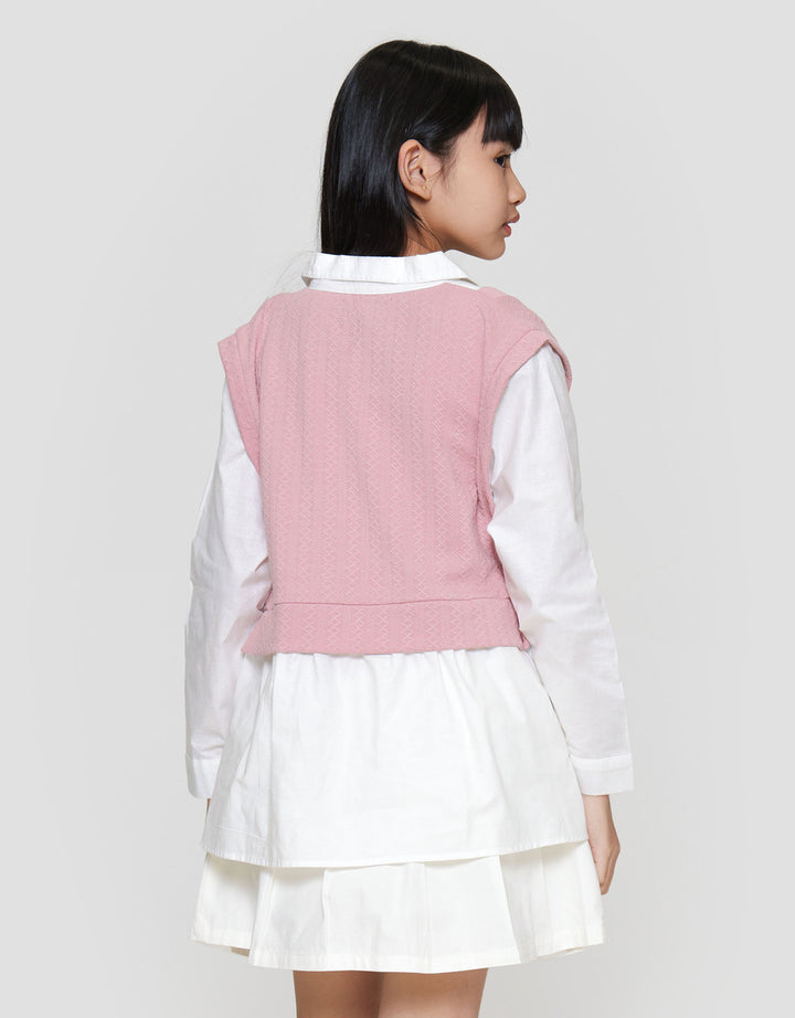 Nevada Kerah Kombinasi Tekstur 1 Pita Kemeja Anak Perempuan