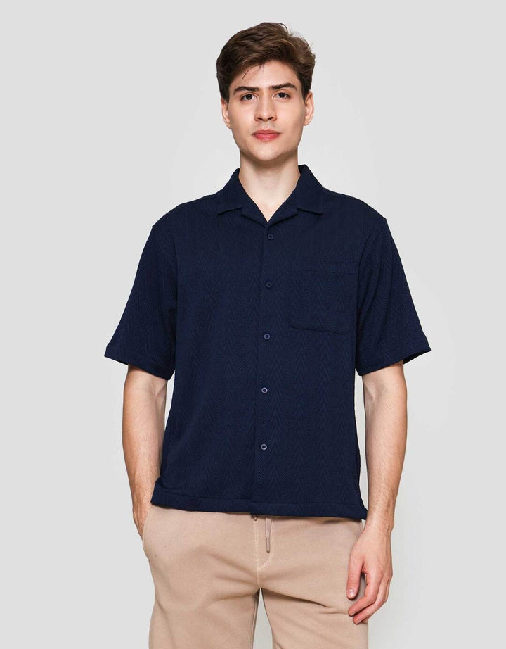 Cole Knitt Texture Camp Collar Kemeja Lengan Pendek Pria