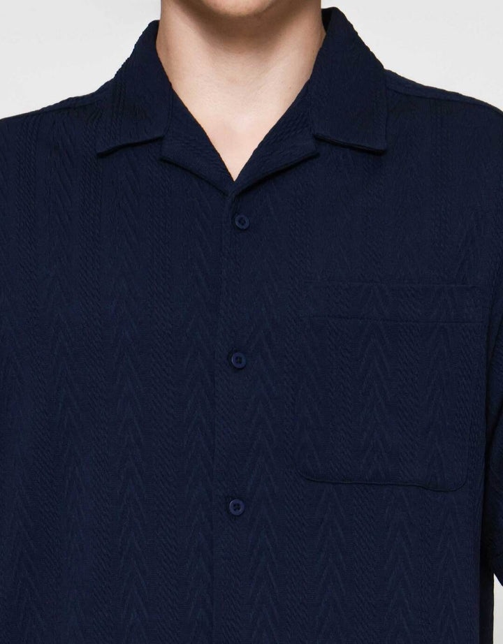 Cole Knitt Texture Camp Collar Kemeja Lengan Pendek Pria