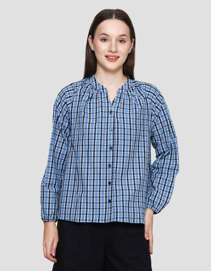 Connexion Kerah Hai Checkered Print Kemeja Wanita