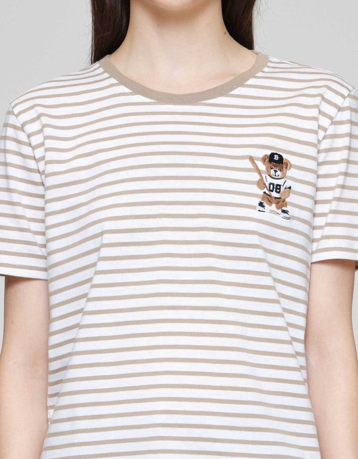 Nevada Print Stripe Yd Bear Kaos Lengan Pendek Wanita