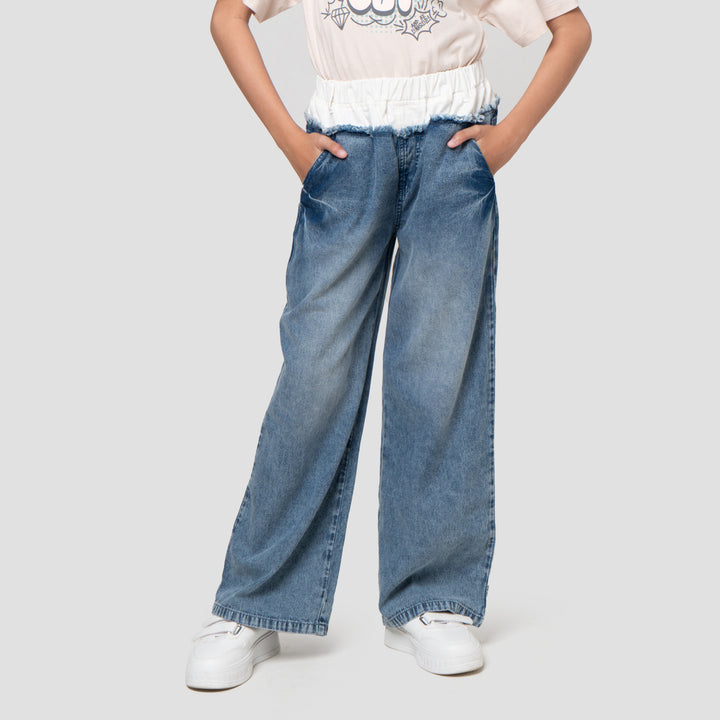 Nevada Wide Leg Kombinasi Pinggang Celana Denim Anak Perempuan