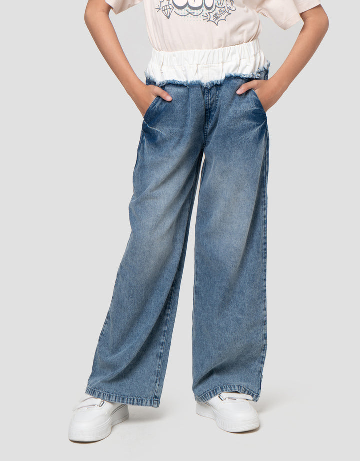 Nevada Wide Leg Kombinasi Pinggang Celana Denim Anak Perempuan