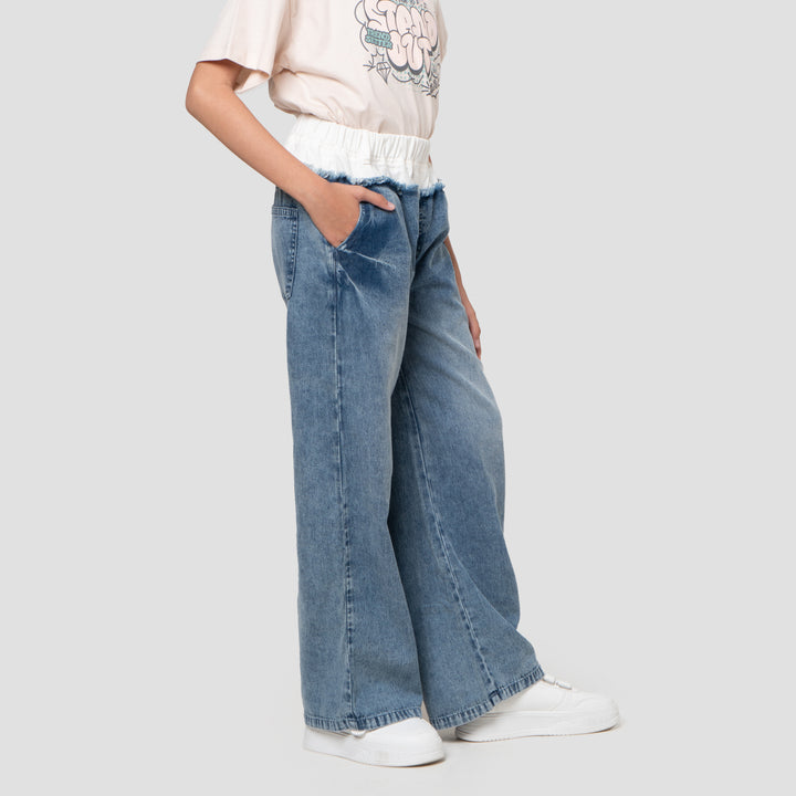 Nevada Wide Leg Kombinasi Pinggang Celana Denim Anak Perempuan