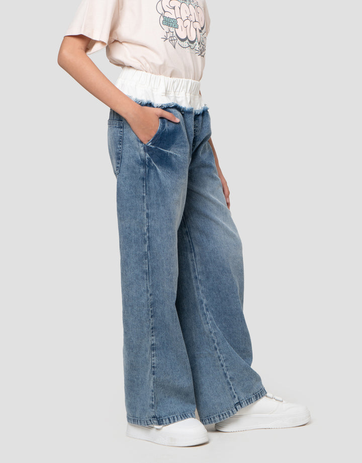 Nevada Wide Leg Kombinasi Pinggang Celana Denim Anak Perempuan