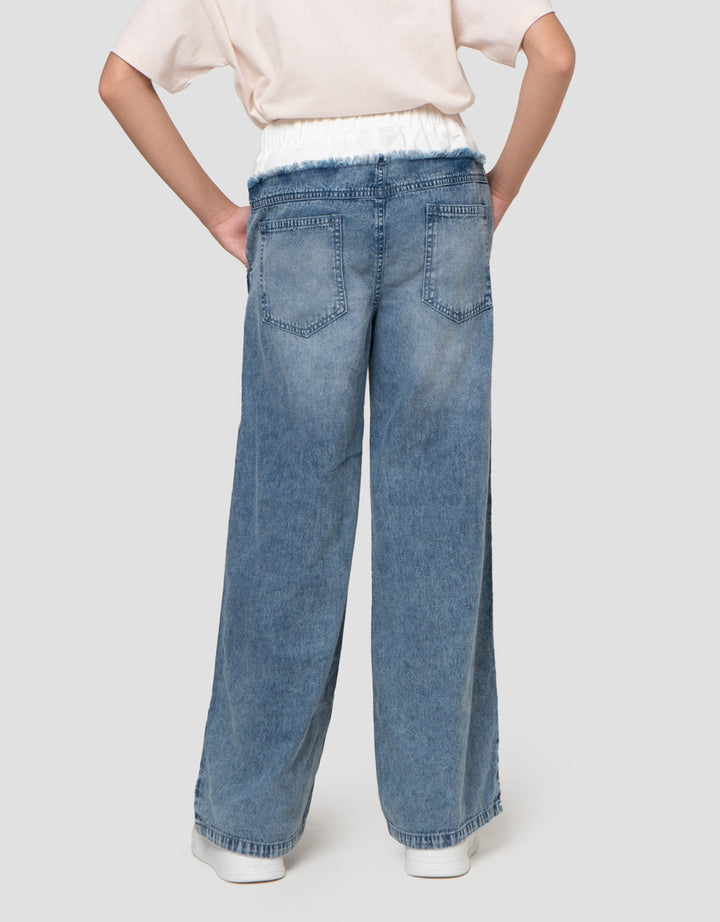 Nevada Wide Leg Kombinasi Pinggang Celana Denim Anak Perempuan