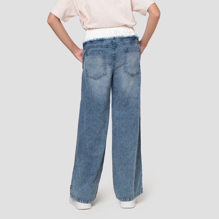 Nevada Wide Leg Kombinasi Pinggang Celana Denim Anak Perempuan