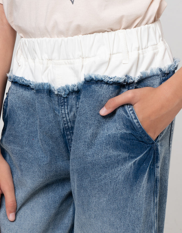 Nevada Wide Leg Kombinasi Pinggang Celana Denim Anak Perempuan
