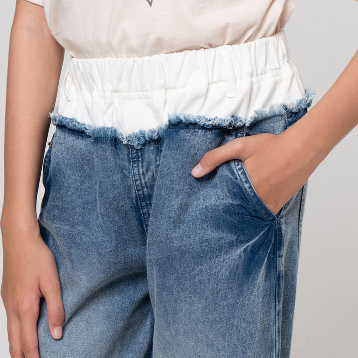 Nevada Wide Leg Kombinasi Pinggang Celana Denim Anak Perempuan