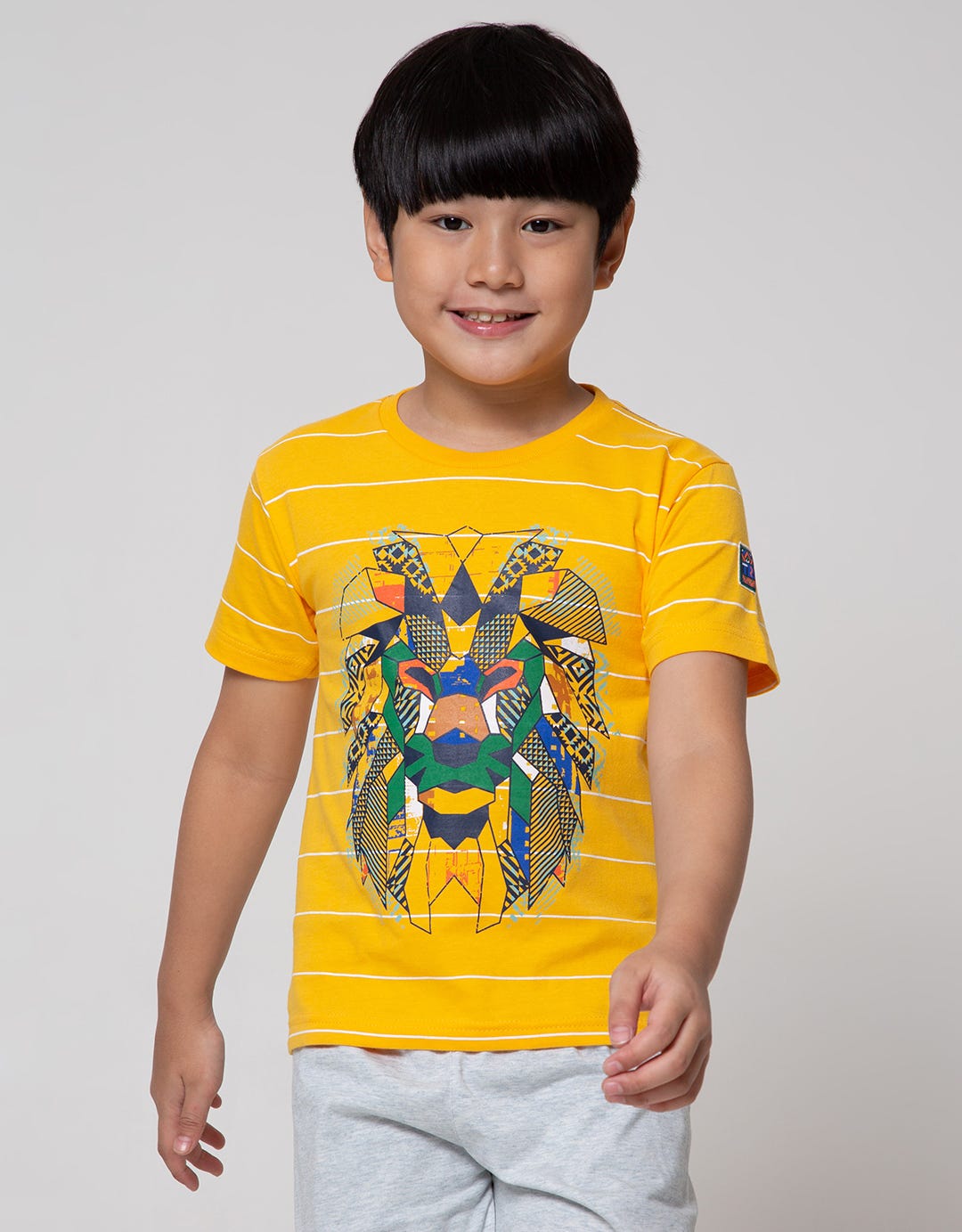 Little M Short Sleeve T-Shirt Print Stripe Lion Application Pocket