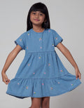 Little M Short Sleeve Midi Dress Denim Stacked Embroidery Spread