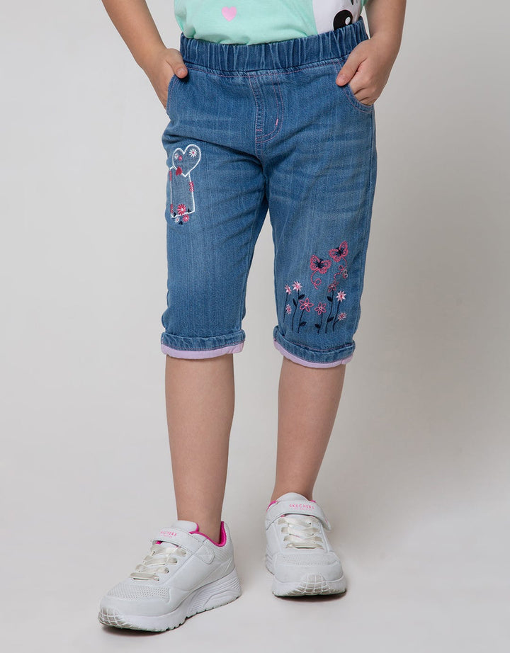 Little M Short Pants Denim Bordir Hati Bawah Lipat