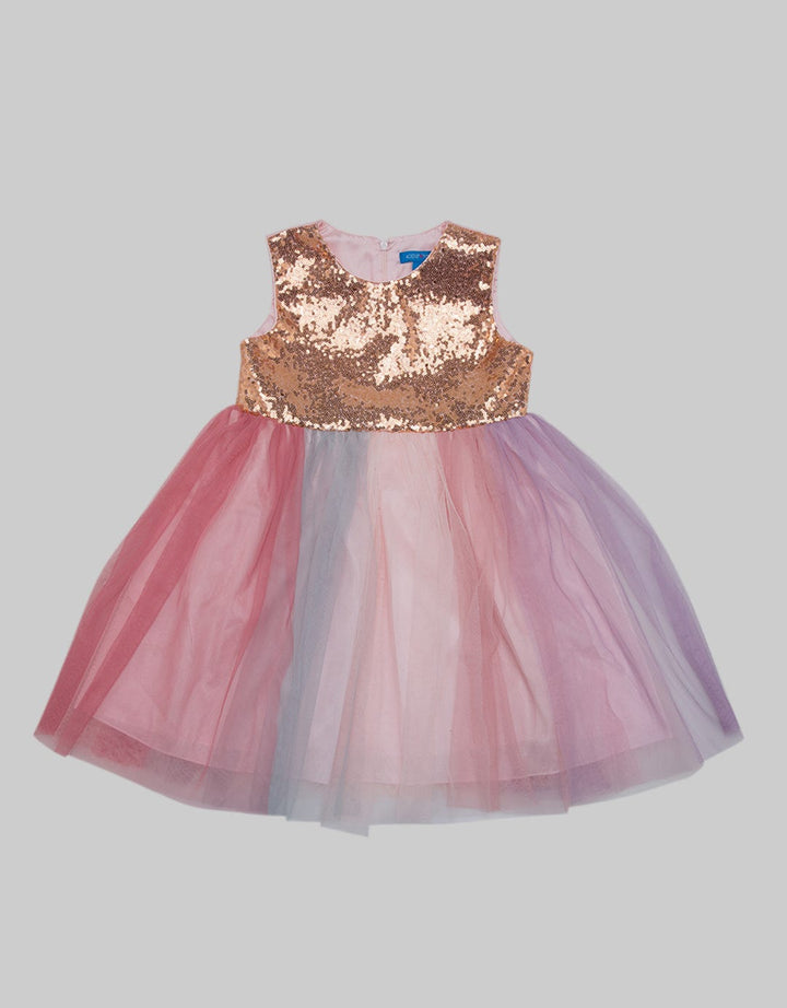 Kidz Too Short Sleeve Midi Dress Chest Sequins With Tile Rainbow