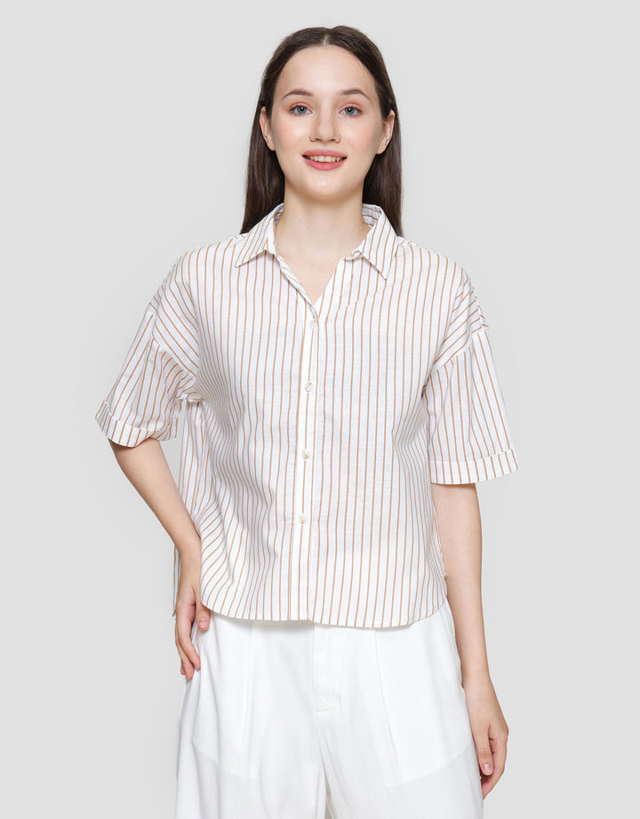 St. Yves Strip V Neck Collared Shirt Kemeja Wanita