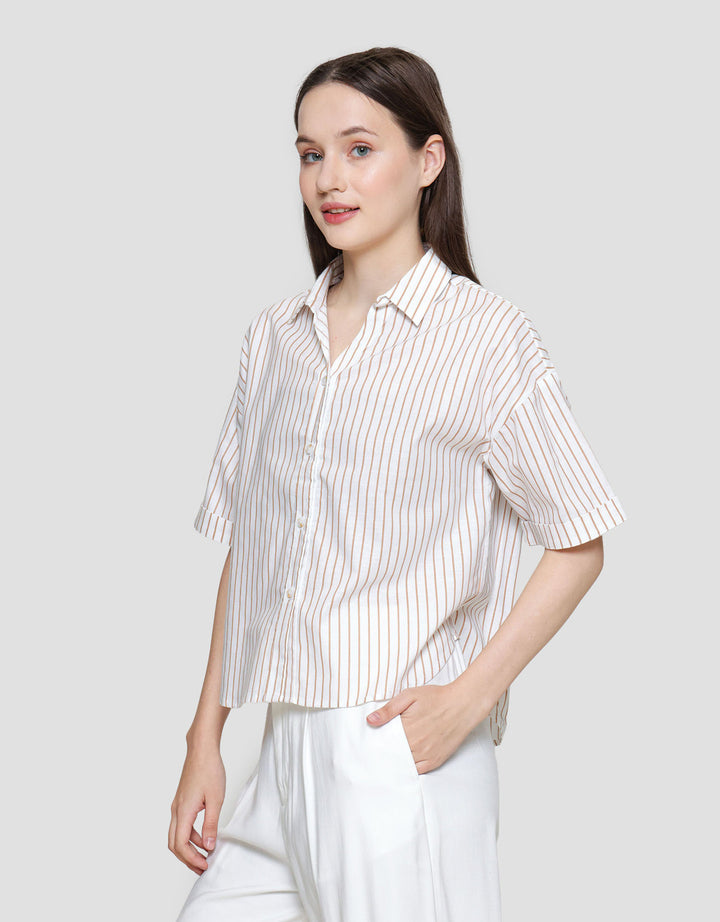 St. Yves Strip V Neck Collared Shirt Kemeja Wanita