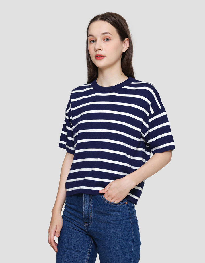 St. Yves Soft Touch Stripes Boxy Knitted Kaos Lengan Pendek Wanita