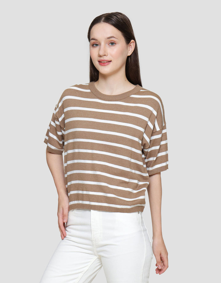 St. Yves Soft Touch Stripes Boxy Knitted Kaos Lengan Pendek Wanita