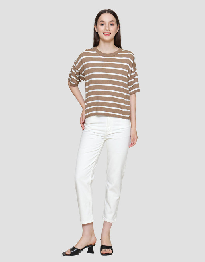 St. Yves Soft Touch Stripes Boxy Knitted Kaos Lengan Pendek Wanita