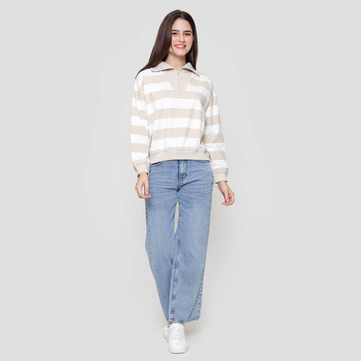 Nevada Babyterry Reg Stripe Zipper Sweater Wanita