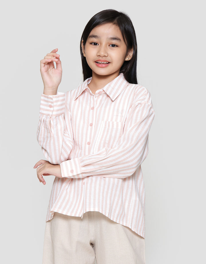 Nevada Salur Kantong Piping Bordir Stripes Kemeja Anak Perempuan
