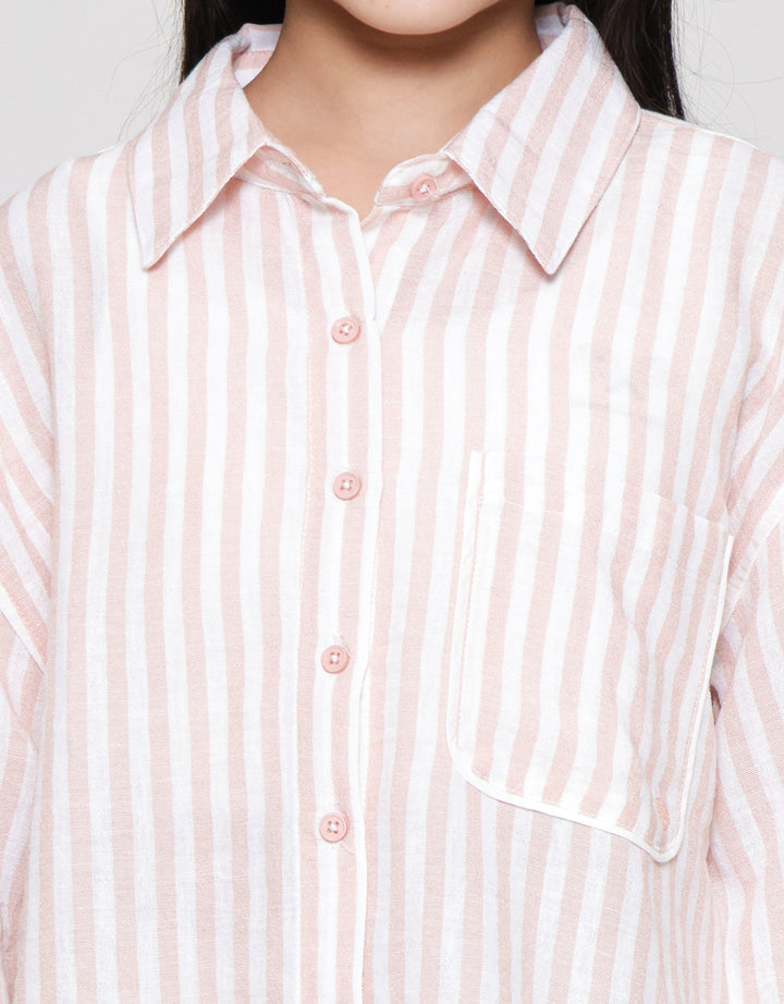 Nevada Salur Kantong Piping Bordir Stripes Kemeja Anak Perempuan