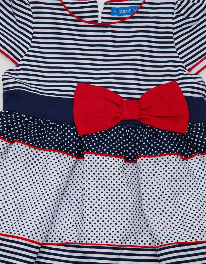 Kidz Too Short Sleeve Midi Dress Stripe Ribbon