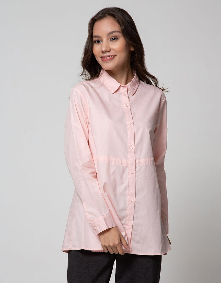 Details Long Sleeve Shirt Pink With Half Belt