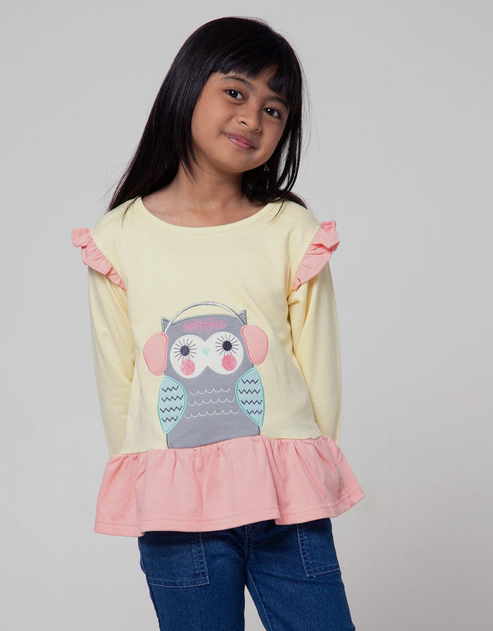 Little M Long Sleeve T-Shirt Ruffle Bawah Sablon Big Owl