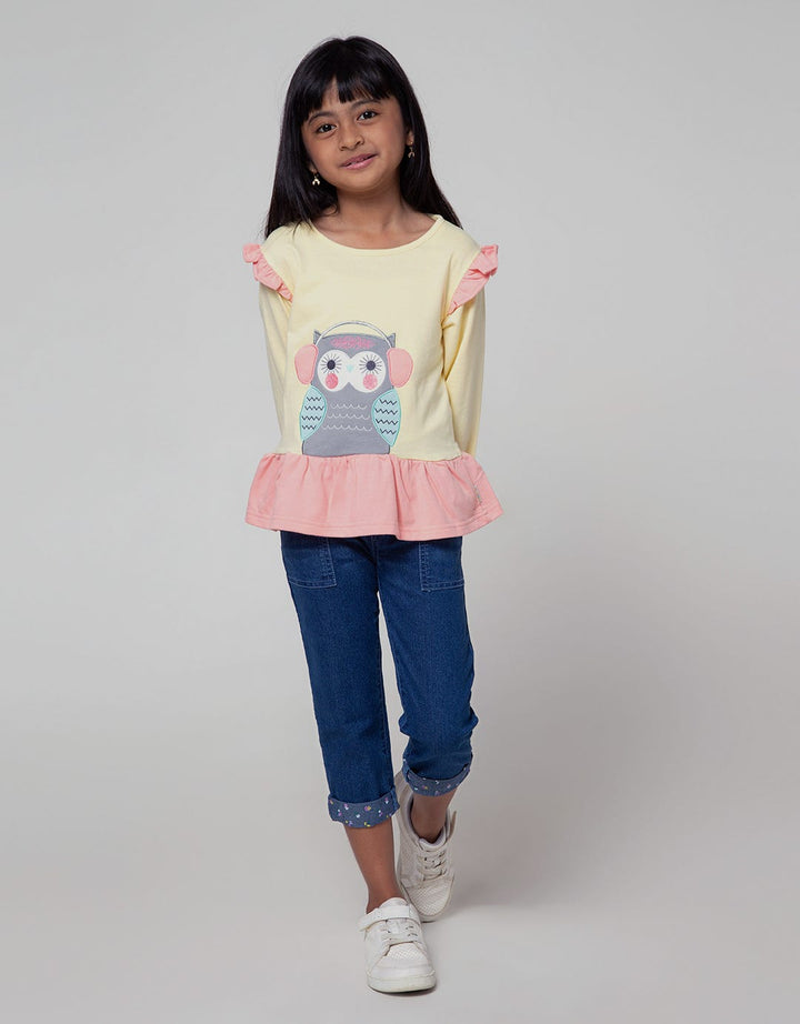 Little M Long Sleeve T-Shirt Ruffle Bawah Sablon Big Owl