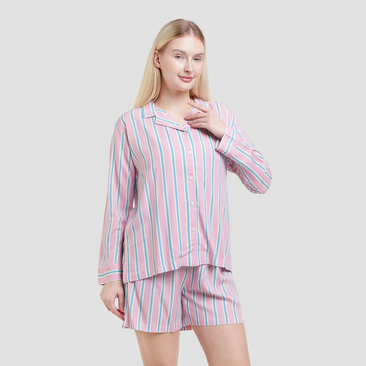 Nevada Woven Stripe Combi Setelan Piyama Wanita