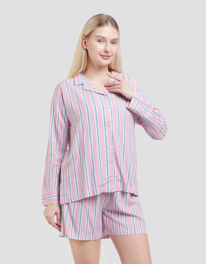 Nevada Woven Stripe Combi Setelan Piyama Wanita