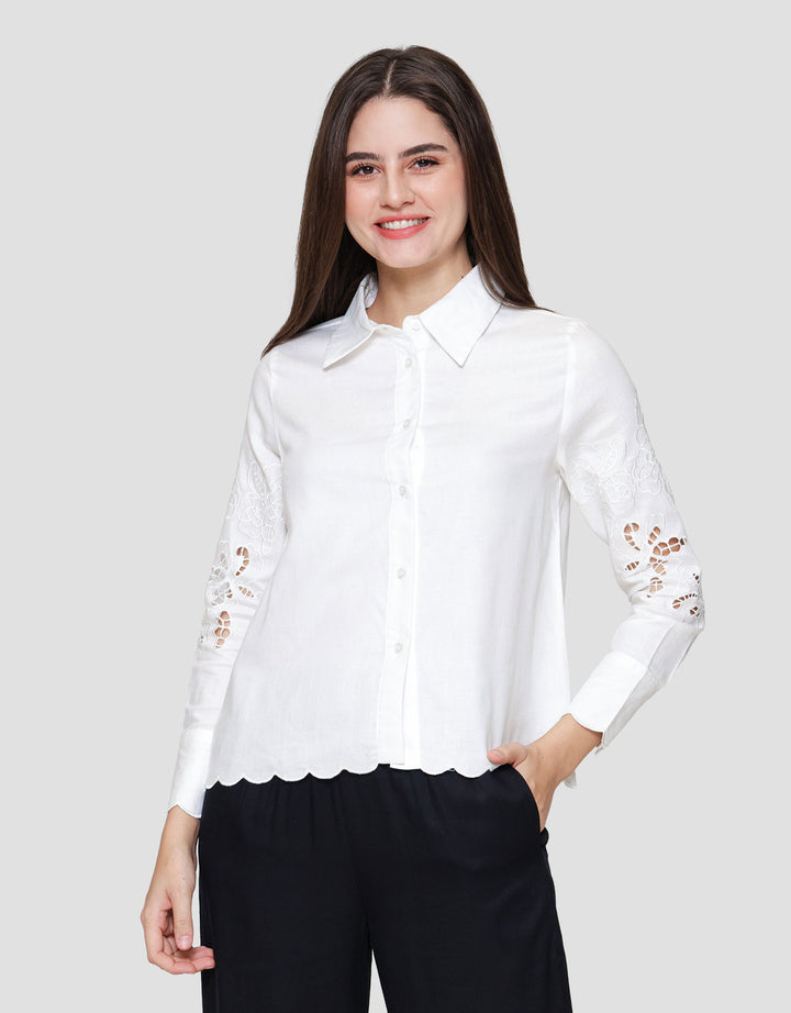 St. Yves Linen Blend Shirt With Broderie Kemeja Wanita