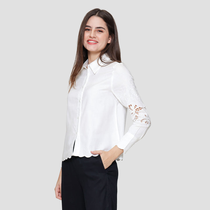 St Yves Linen Blend Shirt With Broderie Kemeja Wanita