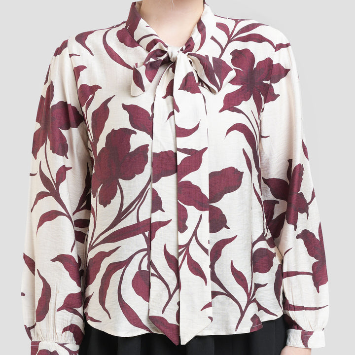 St. Yves Big Leaf Print With Ribbon Neck Blouse Wanita