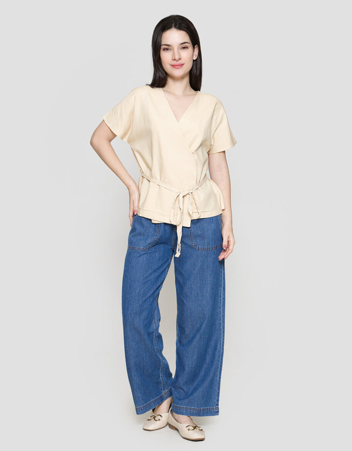 St. Yves Linen Blend Wrap With Belted Waist Blouse Wanita