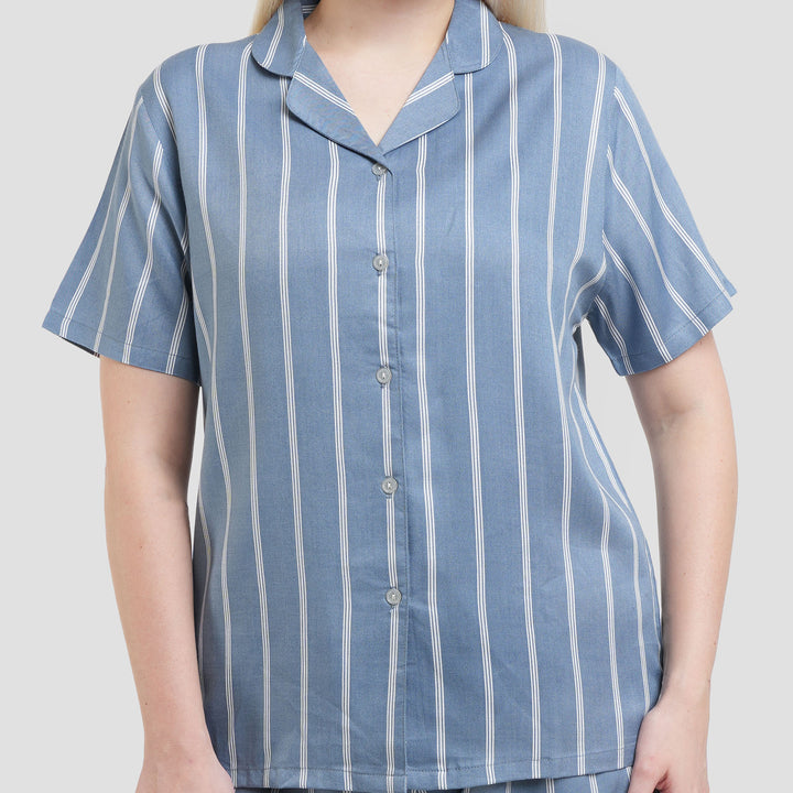 St. Yves Woven Stripe Denim Setelan Piyama Wanita