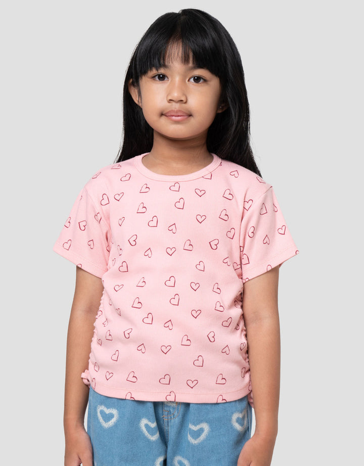 Little M Rib Serut Aop Heart Kaos Anak Perempuan