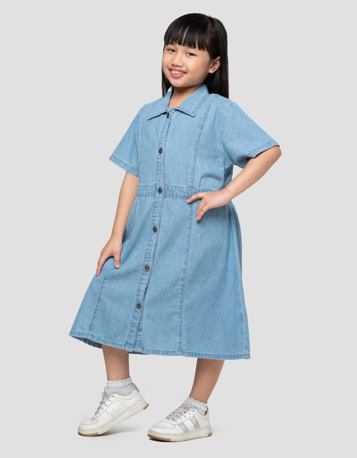 Little M Kancing Depan Dress Denim Anak Perempuan