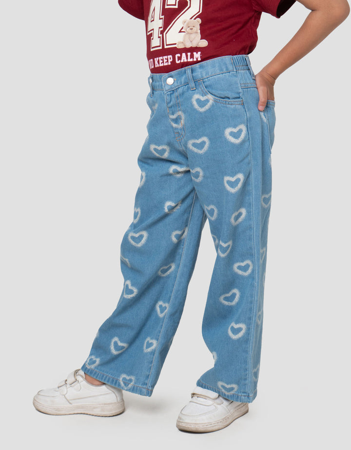 Little M Wide Leg Aop Heart Celana Denim Anak Perempuan